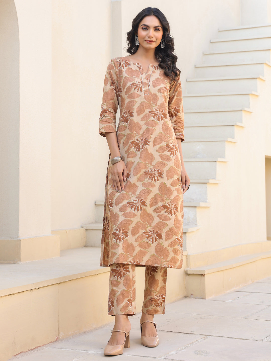Beige Pure Cotton Floral Straight Kurta Pant Set