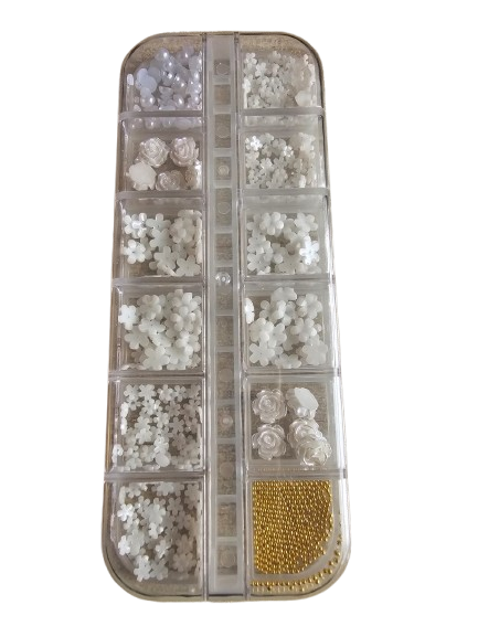 3D Shell Flower, Nail Art Palette Decorations, 12 Grids Arora Bow Buterfly, (WHITE)