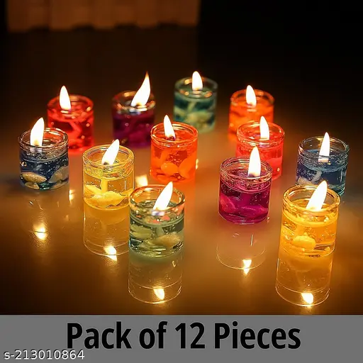 UDHWANI Multicolour Glass Jelly Gel Candles – Pack of 12 | Smokeless, Decorative Tealights for Diwali, Spa, Parties & Home Décor