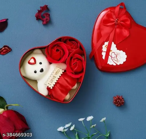 Heart Shaped Gift Box with Red Roses and Teddy Bear - Valentine's Day Gifts