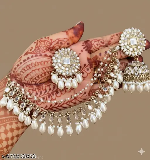 White trendy jhumka bahubali earrings with maangtika