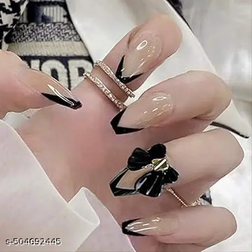 TheVineGirl Set of 24 Artificial Reusable Nails In Black Tips With Bow Design With Glue Black