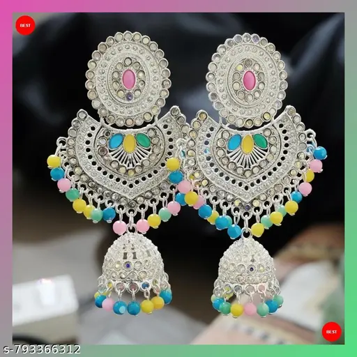 Ethnic Silver Look Heavy Jhumka Earrings for Girls & Women