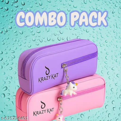 Great combo pack of unicorn keychain zipper pencil pouch in purple and pink colour, stationary item for kids, pencil pouch for boys & girls, birthday gift for kids, stationary storage pouch