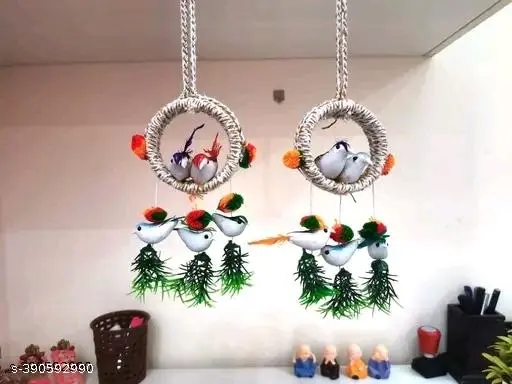 Artificial Hanging Birds With Nest Plant Flower For Home & Office Decoration Small Set Of 2 Wall Décor & Hangings