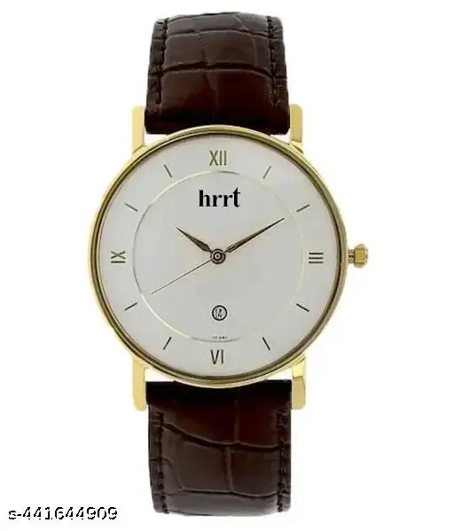 hrrt Elegant White Dial Analog Watch for Men & Boys | Gold Case & Brown Leather Strap | Classic Office & Party Wear Watch