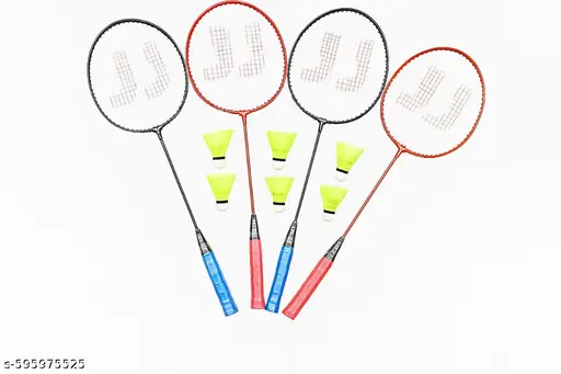 JJ Jha Ji Badminton combo set / 4 PC Single shaft racket with 6 Nylon shuttle cock / Badminton kit
