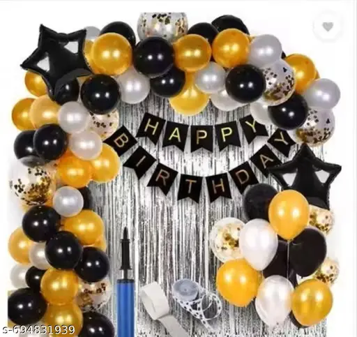 Happy Birthday decoration- 61 Pcs Birthday Decoration Items for Kids Adults | 50 Black, White, Golden Balloon | 1 Black Birthday Banner|2 Silver Foil curtain | 2 Black Star| 3 Confetti| 1 Pump | 1 Tape | 1 Arch