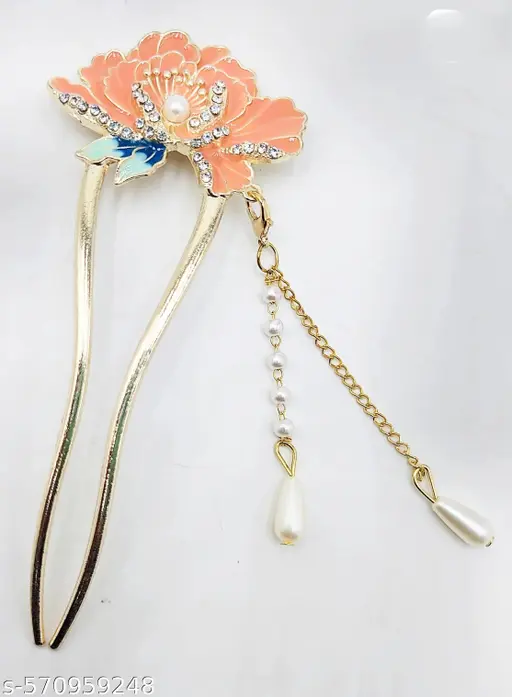 Glitter Glow Enterpries Elegant Pearl Crescent Tassel Hairpin | U-Shaped Metal Headdress for Women, Hanfu & Cheongsam, Ancient Chinese Style