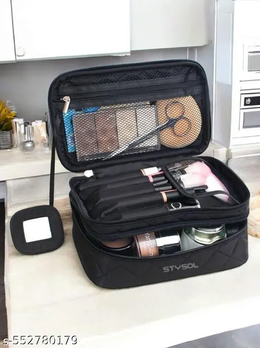 Stysol Makeup Bag, Portable Cosmetic Bag, Large Capacity Travel Makeup Organizer, Leather Cosmetic Brush Case for Women Toiletry Bag for Girls with Handle and Divider