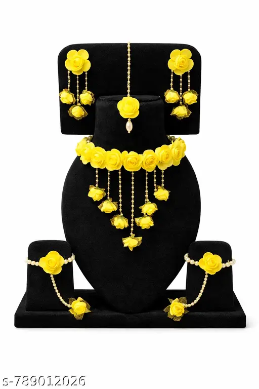 Beautiful Yellow Floral Jewellery Set for Women & Girls - Perfect for Haldi, Mehendi, Wedding & Pre-Wedding Functions (Set of Necklace, Earrings, Maangtikka & Haathphool)
