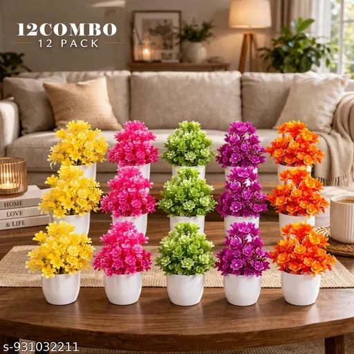 BloomAura Multicolor Faux Flower Pot Set with Elegant White Planters for Home Garden and Office Decor 12Pack