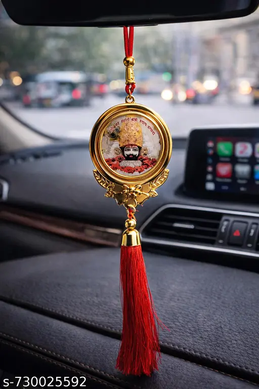SHRI KHATU SHYAM CREATION Car Hanging Ornament | Hindu Deity Religious Decor | Gold Frame with Red Tassel | Spiritual Car Dashboard Accessory