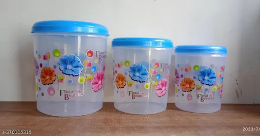 Plastic 3-Pieces Flower Printed Design Kitchen Container Combo Set (5 kg, 7 kg, 10 kg) - Blue