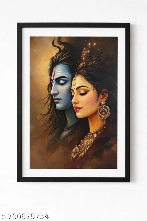 Shiv Parvati Premium Wall Photo Frame | Modern Religious Painting for Living Room & Home Decor | Black Frame (A4 / 9×12 Inch)