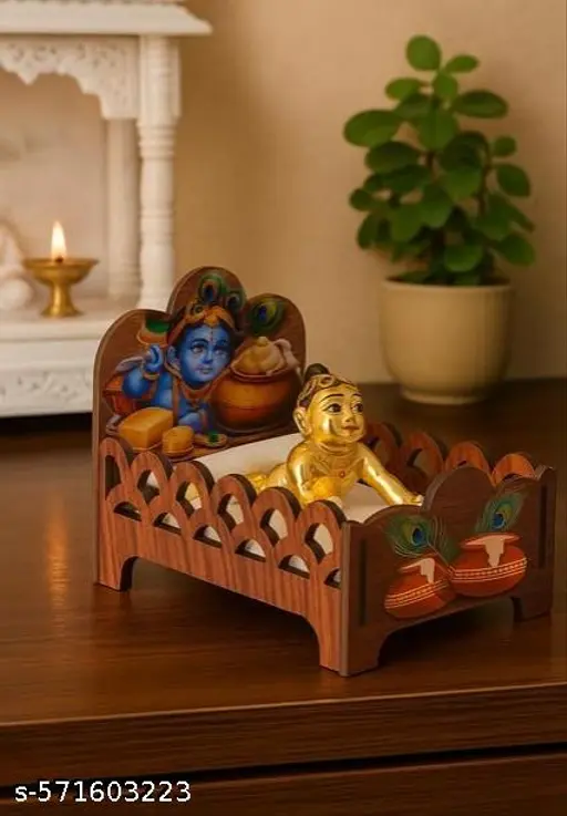 Wooden Laddu Gopal Bed (Palna) | Premium Handcrafted Krishna Singhasan | Polished Mandir Bed for Bal Gopal, Kanhaji & Thakurji | Janmashtami Pooja Decoration
