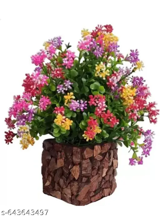 Multicolor flower Plant with Stylish Coconut Brown Pot Bonsai Wild Artificial Plant with Pot (22 cm, Multicolor)