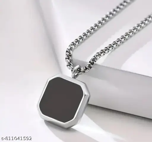 Stylish Black Square Pendant Necklace for Men & Boys – Silver Plated Stainless Steel Chain Locket – Minimalist Geometric Jewelry for Casual & Party Wear