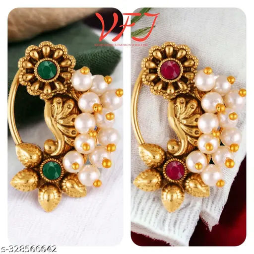 Nath VFJ Premium Quality Traditional & Bridal wear Pearl, Stone Studded Copper alloy Antique Gold Plated Nose Ring, Nath, Nathiya, Nose stud, Press Nath, Clip on Nath Combo Set for Women and Girls- ( Pack of - 2)