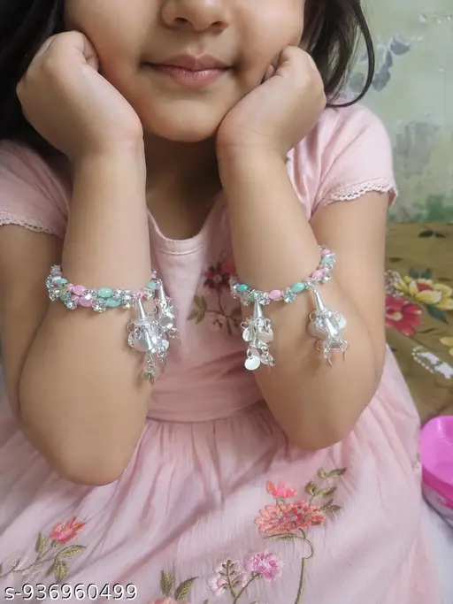 SSG Girls Stylish Pastel Beads Kada Bracelet Set for Kids | Fancy Crystal Elastic Bangles for Baby Girls | Cute Party Wear Hand Accessories for 5 to 7 Years Girls