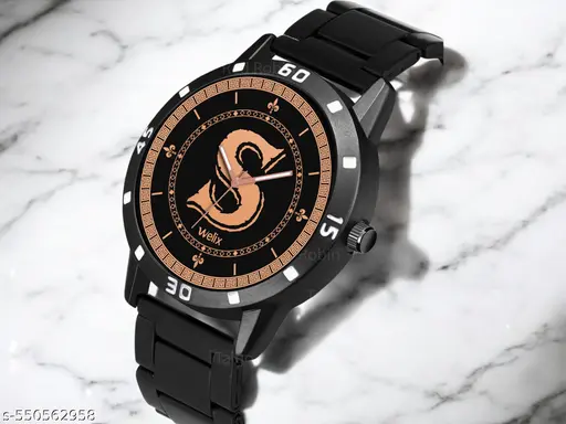 Welix Analog Round Black Dial ALPHABET S Design Stylish Black Rubber Strap Classic Design Fancy Wrist Watch for Men and Boys, Pack of 1 -NEW- ALPHA-S-AVO-BLK-CDBLK -7