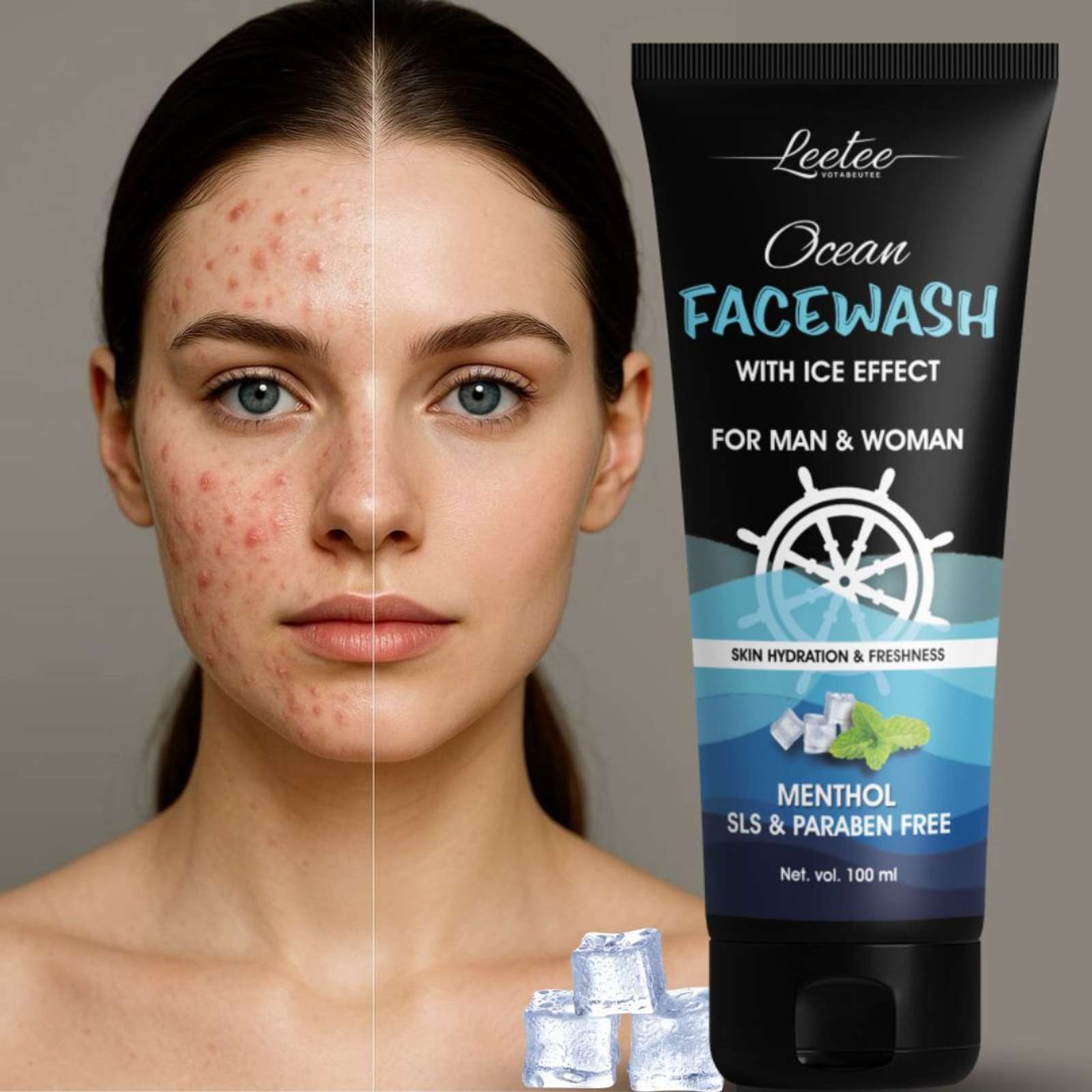 LEETEE Menthol Ocean  for Men and Women | Hydrating Ice Effect Cleanser 100ml Face Wash (100 ml)