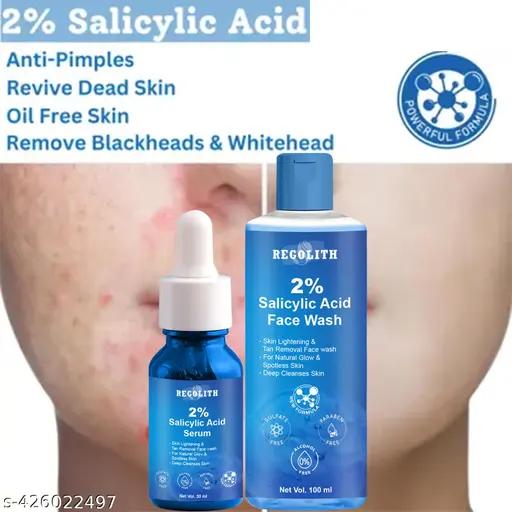 Regolith Premium Facewash with 2% Salicylic Acid & 2% Salicylic Acid Face Serum For Active acne , Anti-Pimples ,Skin Lightening & Tan Removal Face wash(100ml), For Natural Glow Serum (30ml)