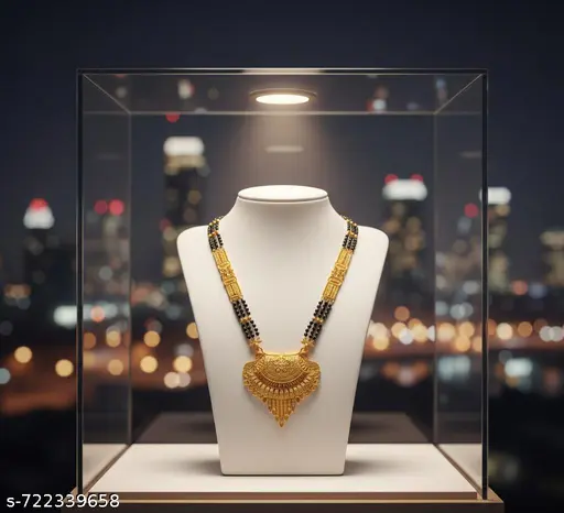 Traditional Gold Plated Mangalsutra with Black Beads Long Chain and Designer Pendant Ethnic Bridal Wedding Jewellery for Women