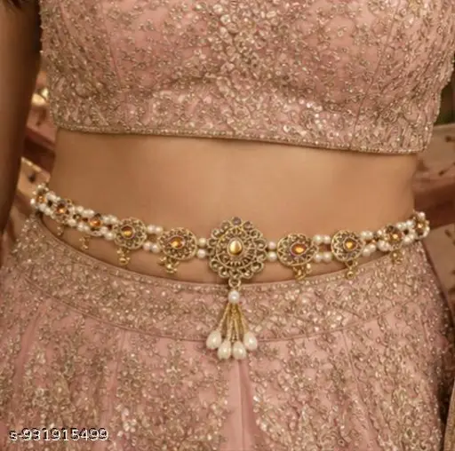 Traditional Pearl Kundan Waist Belt for Women | Bridal Lehenga Kamarband | Ethnic Golden Kamar Patta