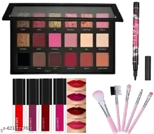Rose Gold 18 colur Stunning Eyeshadow Palette Glitter glossy With 5 pieces Multipurpose Brush set And 1 long lasting Eyeliner , mini 4 lipstick(Pack of 4 items)
