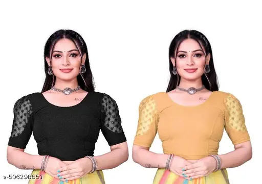 Round Neck CottonLycra and Net Fabric Fully Stretchable Puff Sleeve Designer Blouse for Womens