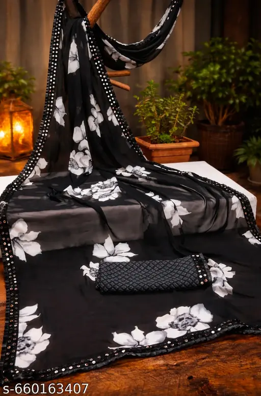 Black Floral grey flowers Georgette Saree with Sequin Border