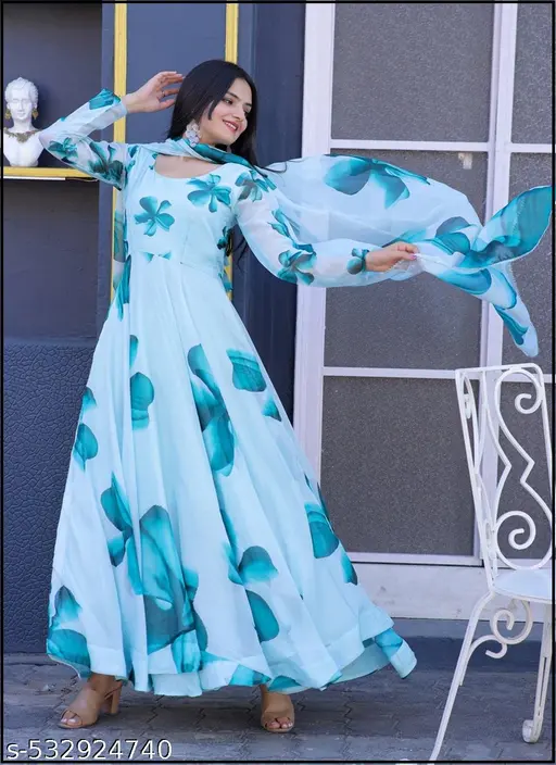 Floral Print, Self Design Georgette Stitched Flared/A-line Gown (Light Blue)
