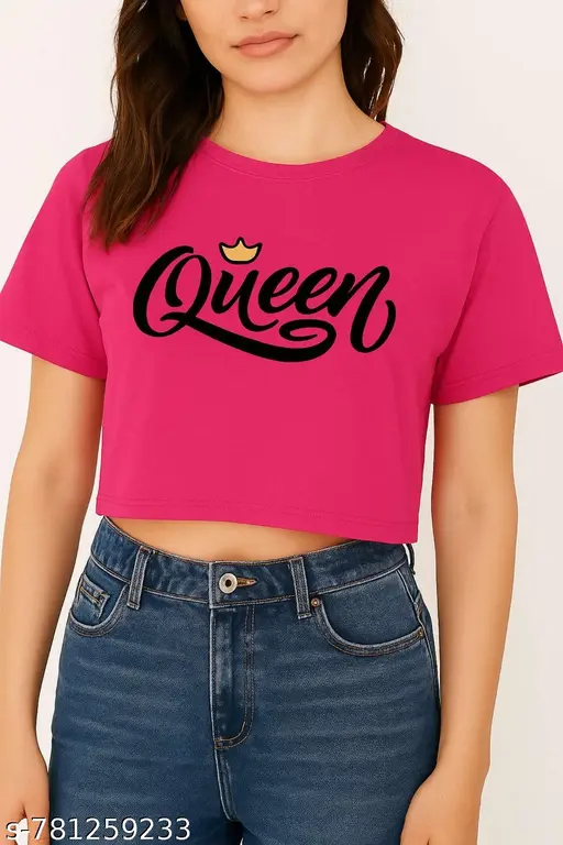 Trendy Wear Women Pink Crop Top | Stylish Queen Print Casual Wear