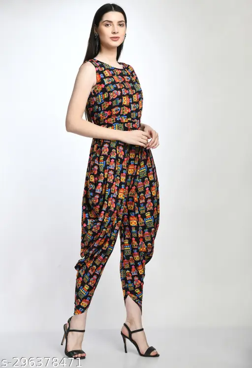 Fancy, modern, fashionable, classic, and latest women’s printed sleeveless maxi dhoti jumpsuit. Stylish one-piece dress with digital owl print, perfect for party wear