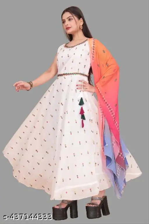 Women's Chanderi Cotton Straight Printed Gown & Dupatta