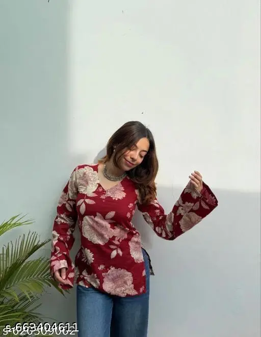 VR Trendy Floral V-Neck Kurti for Women | Casual & Office Wear