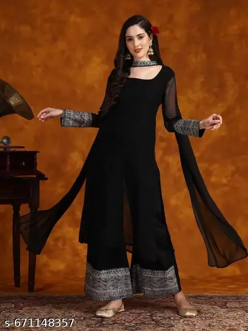Elegant Georgette Embroidered Straight Kurta with Palazzo & Dupatta Set