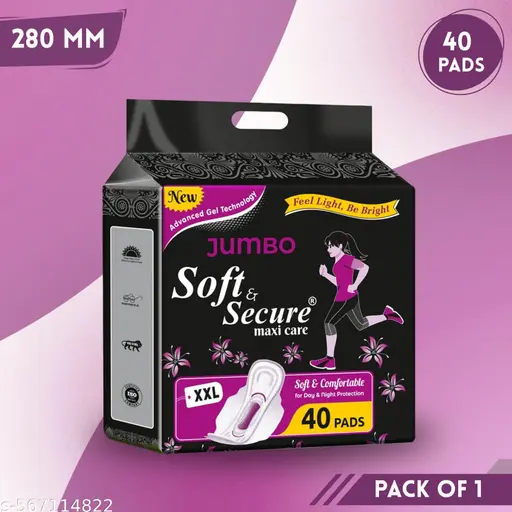 Soft & Secure Long wing-equipped pads, extra soft and easy to wear,offer day and night time protection,black xxl (pack of 40)