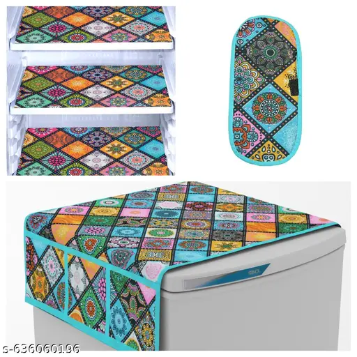 Fridge Cover Combo Set | 1 Fridge Top Cover (21×39 in) + 3 PVC Fridge Mats + 1 Handle Cover | Suitable for Single & Double Door | Waterproof, Dustproof & Washable
