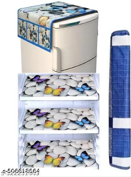 Single Door Fridge Cover | Set of 1 Fridge Top Cover, 3 Fridge Mats and 1 Handle Cover | Fridge Mat | Refrigerator Cover