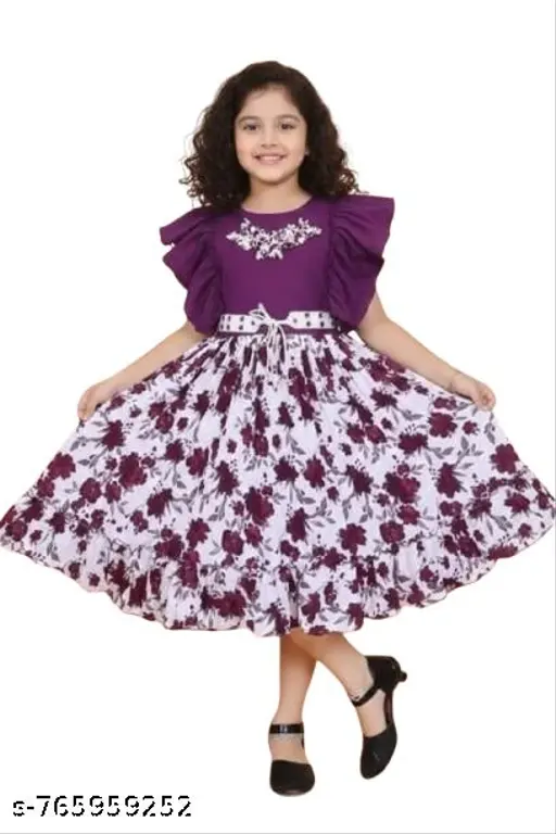 Elegent floral kid's party dress-purple and white with ruffle sleeves
