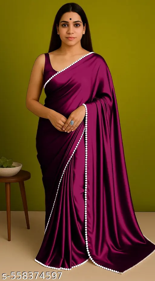 White moti and Elegant colors Satin Silk Saree with Pearl BorderElegant coloar Satin Silk Saree with Pearl Border