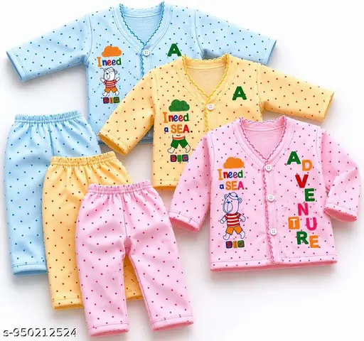 Pack of 3 Baby Soft Cotton Front Open Full Sleeve Baba Suit Set for Baby Boys & Girls | Hosiery Daily Wear Combo