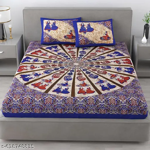 100% Cotton Jaipuri Rajasthani Traditional Raas Leela/Mandala Design Bed Sheet Set | Fits Queen/Double bed Size | (Blue/Brown/Red) - 90x100 inches with 2 Pillow Covers