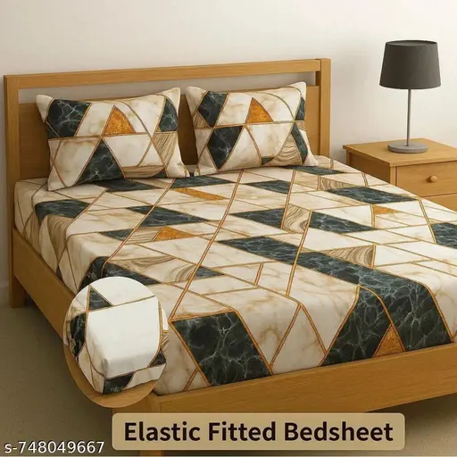 All Around Fitted (Elastic) Cotton Double Bedsheet With 2 Pillow Covers