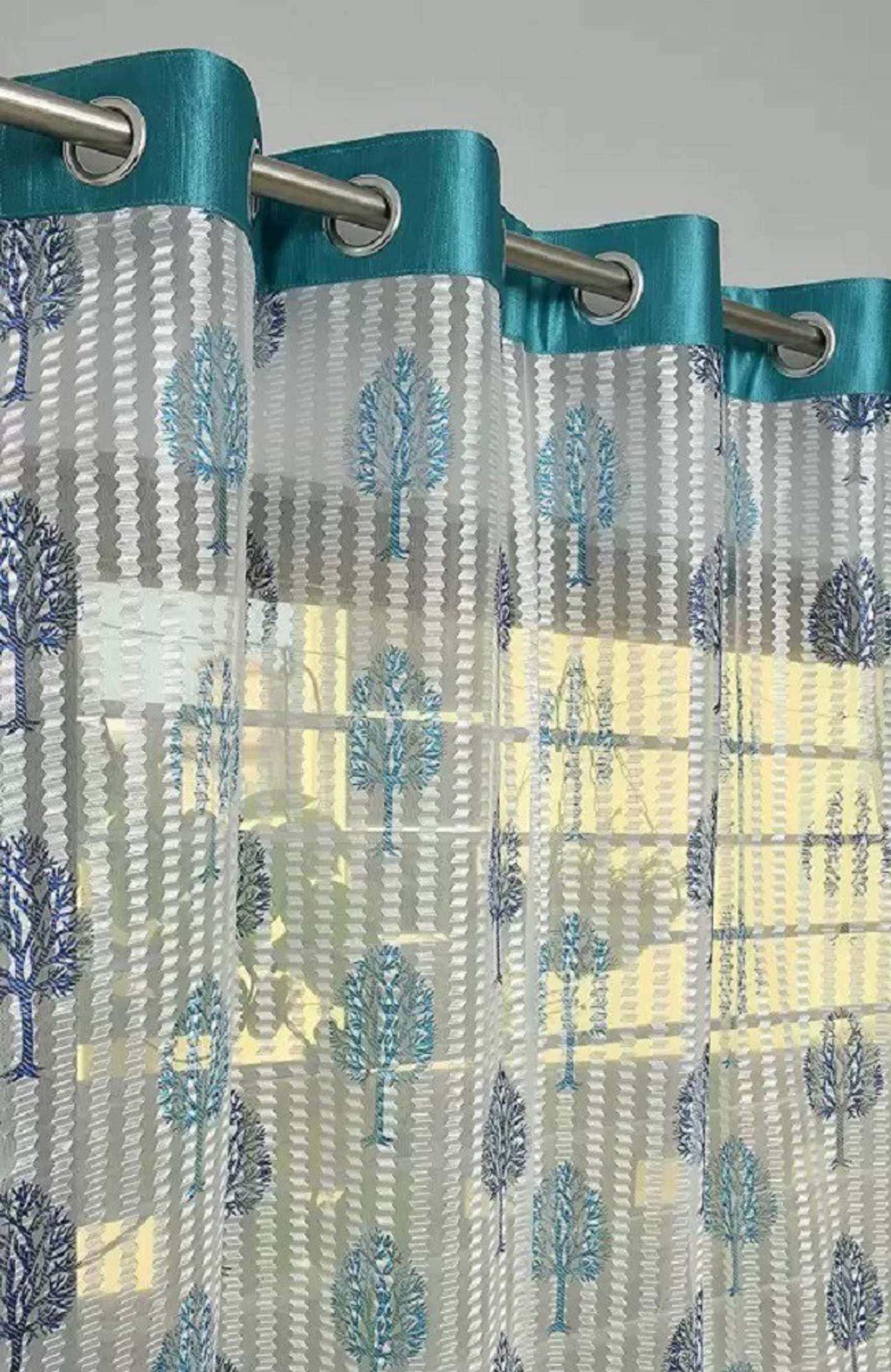 Kirav Kreations 152 cm (5 ft) Window Tissue Transparent Curtain (Pack Of 1) (Blue, Floral)