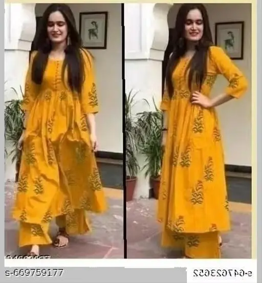 Women Yellow Cotton Printed Premium Quality Ethnic Kurta Palazzo Suit for Women