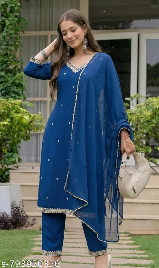 Women Viscose Rayon Embroidered Straight Kurti With Pant And Dupatta Set