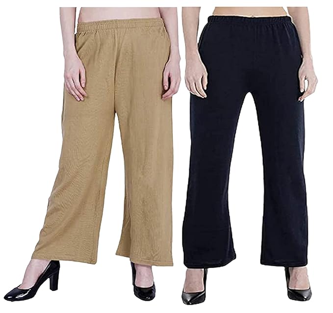 Women's Winter Wear Woolen Plain Palazzo|Trouser|Plazo|Plazoo|Pants| Pack of 2|Free Size (Wait 26-40 Black,Beige)